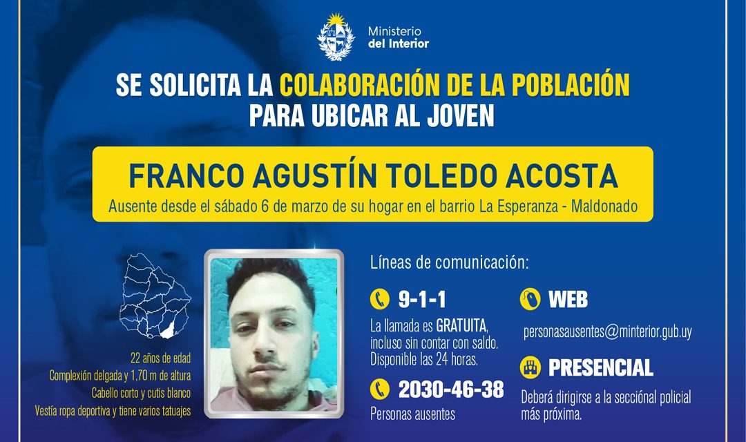 Policía de Maldonado busca a joven de 22 años ausente desde el sábado 6 de marzo