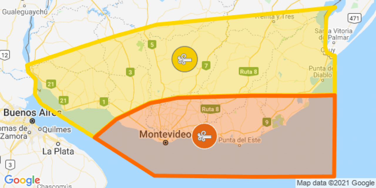 Inumet: alerta amarilla y naranja por vientos fuertes para el centro y sur del país